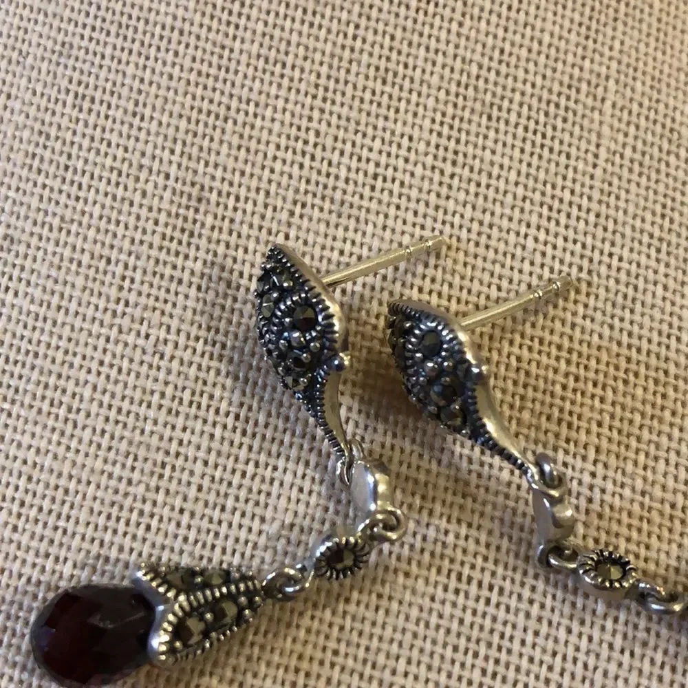 Vintage Red Garnet and Marcasite Long Drop Dangle Sterling Silver Earrings - Picture 3 of 14